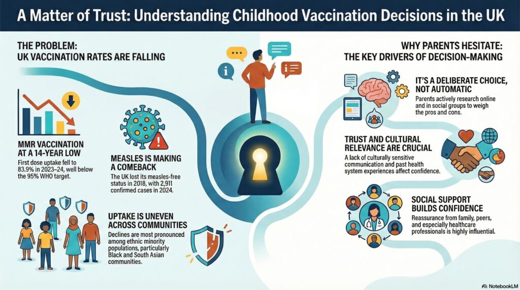 A thematic map showing the three pillars of vaccination decision-making: Weighing Pros/Cons, Systemic Fit, and Weathering the Storm.)